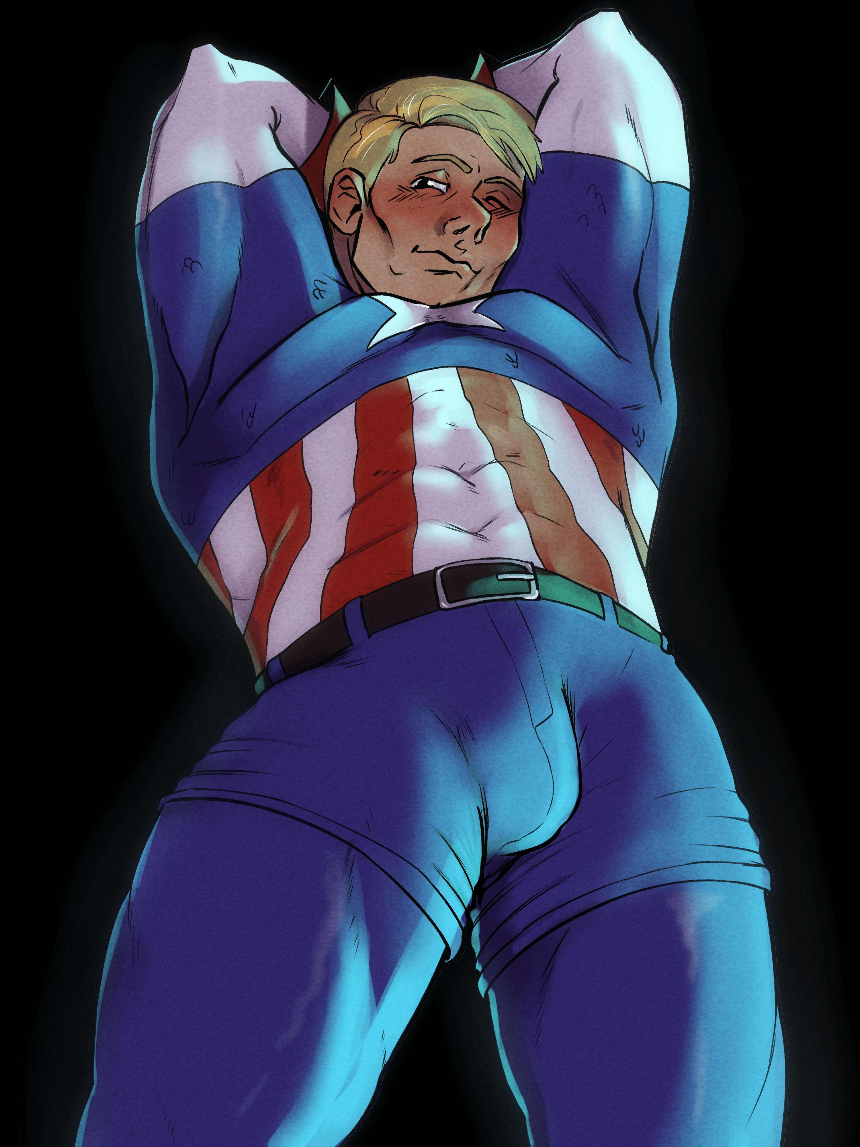Downward view of Steve Rogers, dressed in his Captain America uniform sans helmet. He has his arms held up and resting behind his head as he looks down at the POV, a flirtly look on his face. He has a large bulge in his pants and is flexing his muscles.